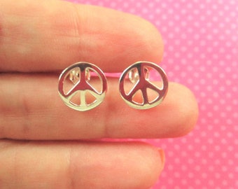 Peace sign heart silver stud earrings