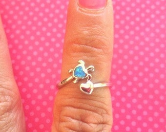 Turtle blue opal heart sterling silver toe ring/ring