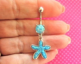 Starfish blue opal charm belly ring