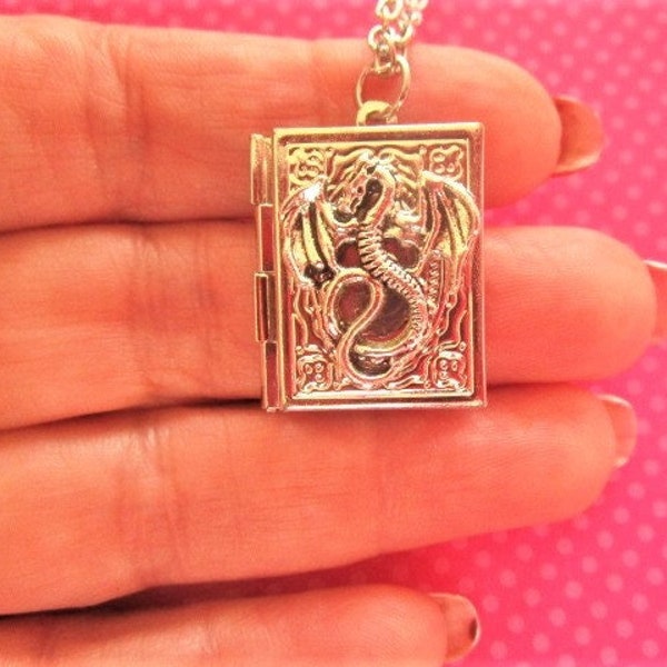 Dragon silver book locket necklace