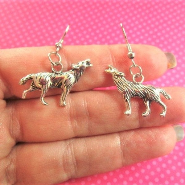 Wolf howling silver earrings