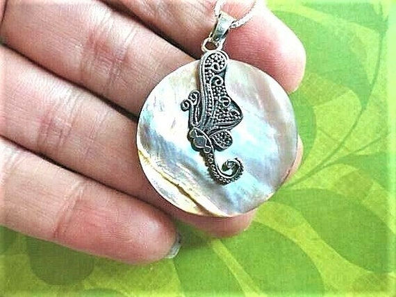 Vintage Abalone butterfly sterling silver pendant - image 2