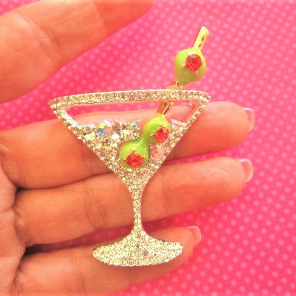 Vintage martini glass crystal pin brooch