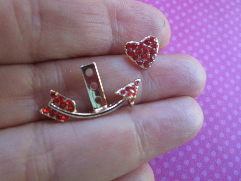 Red crystal Heart arrow ear jacket stud set