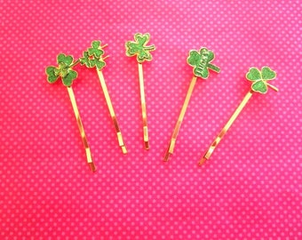 Clover shamrock green bobby pin set of 5