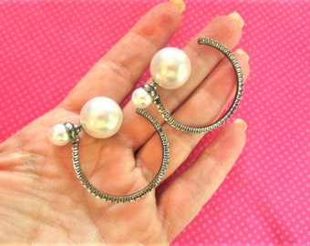 Black crystal hoop pearl double sided earring