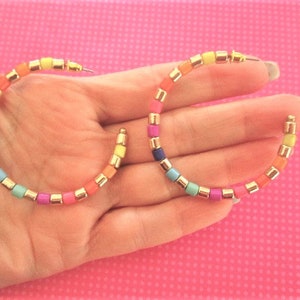 Rainbow bead gold hoops