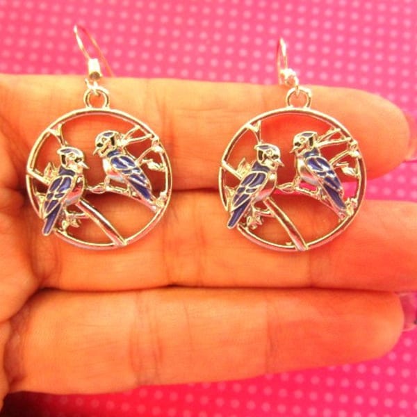 Bluejay bird branch silverrearrings