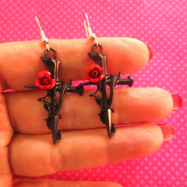 Black cross rose vine earrings