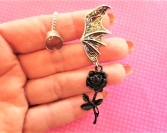 Black rose bat wing chain ear cuff