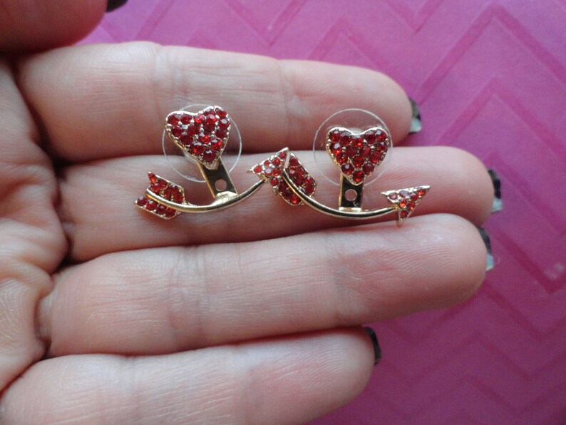 Red crystal Heart arrow ear jacket stud set