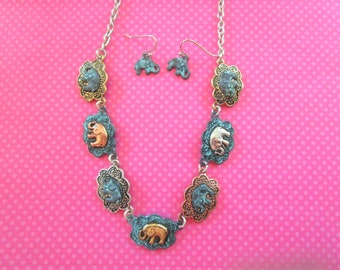 Elephant copper necklace earring set