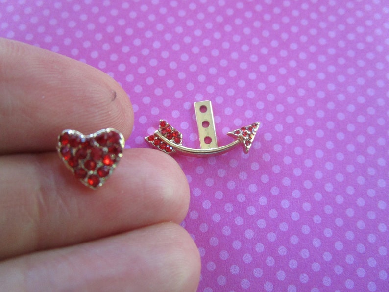 Red crystal Heart arrow ear jacket stud set