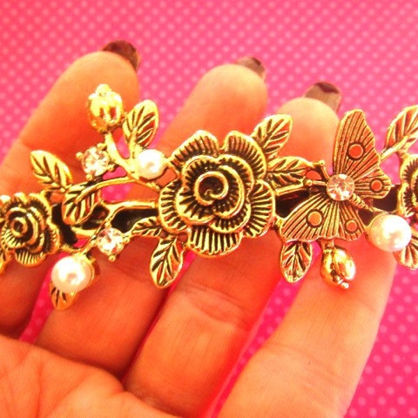 Victorian rose butterfly pearl barrette