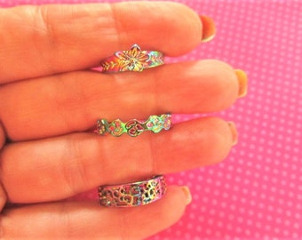 Rainbow metal flower toe ring set