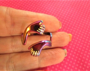 Hugging hand rainbow metal ring