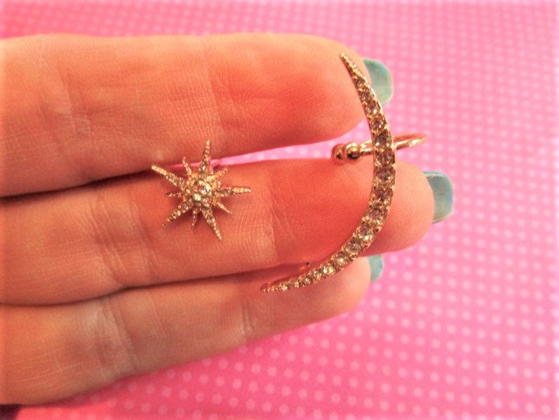 Moon starburst crystal ear cuff stud set