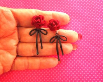 Red rose black ribbon earrings