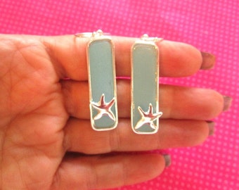 Starfish blue glass bar earrings