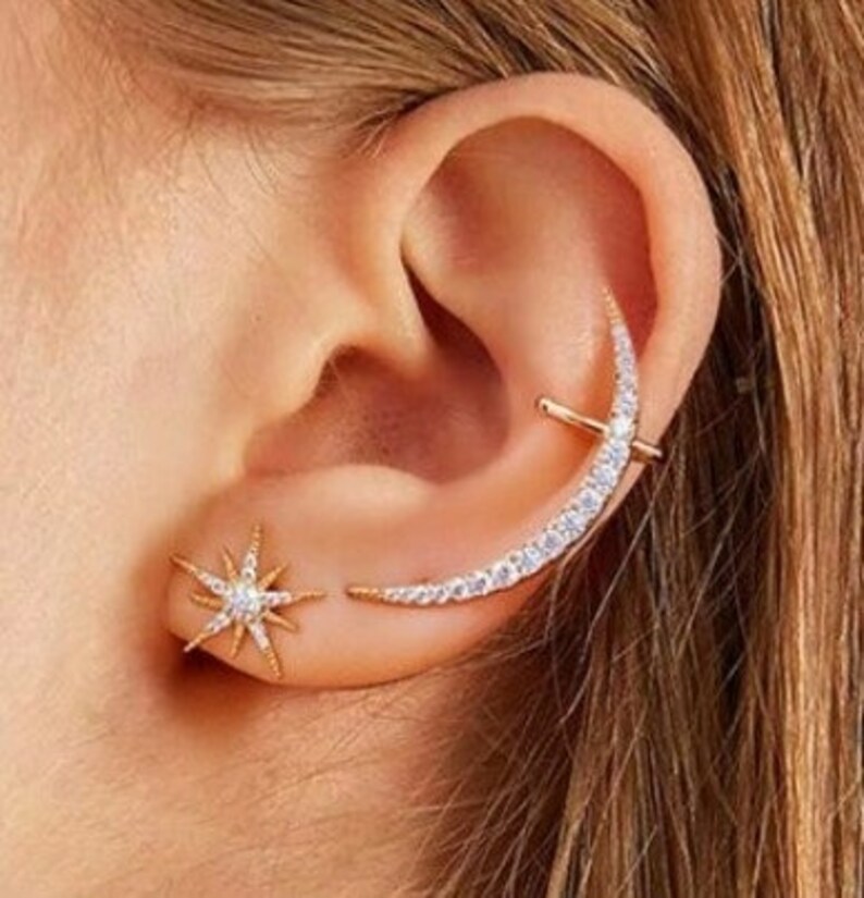 Moon starburst crystal ear cuff stud set