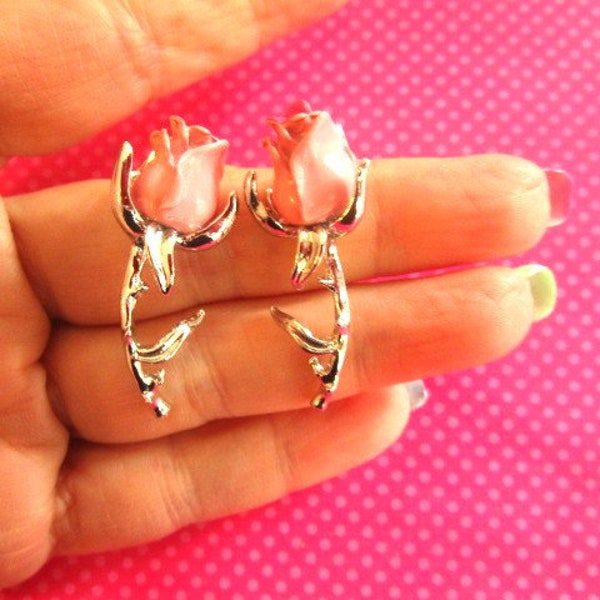Pink 3D rose stem earrings