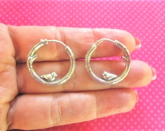 Bird branch sterling silver hoop earrings