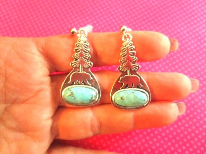 Bear tree turquoise earrings 画像 1