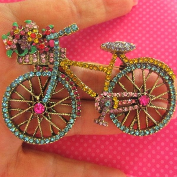 Vintage crystal bicycle pin brooch