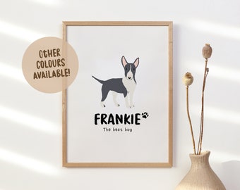 Impression Bull Terrier personnalisée | Impression d'art personnalisée nom de chien | Cadeau mignon pour maman | Décoration d'intérieur pour amoureux des chiens | Chien, maman, chien, papa, décoration murale à accrocher