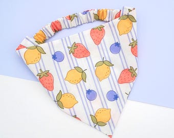 Berry Zest | Summer Fruit Dog Bandana | Lemon Strawberry Blueberry Scrunchie Bandana | Slip On Elastic Dog Scarf | Cat Bandana Pet Neckwear