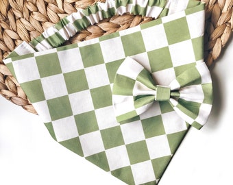 Stay Groovy | Cute Green Check Dog Bandana | Summer Scrunchie Bandana | Slip On Elastic Dog Scarf | Cat Bandana | Pet Neckwear | Puppy