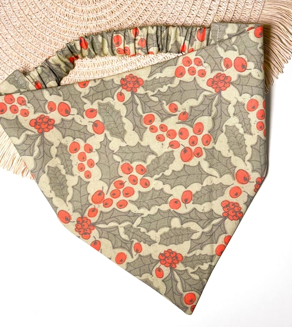Holly Jolly | Christmas Bells of Holly Dog Bandana | Festive Berries Scrunchie Bandana | Slip On Style Dog Scarf Cat Bandana | Pet Neckwear