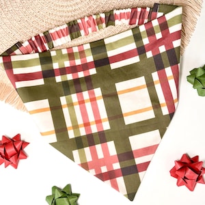 Winter Wishes | Christmas Tartan Dog Bandana | Xmas Plaid Check Scrunchie Bandana | Slip On Dog Scarf | Festive Cat Bandana | Pet Neckwear