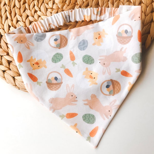 Hoppy Easter Dog Bandana | Easter Bunny Scrunchie Elastic Bandana | Carrot Chick Easter Egg Print Dog Scarf | Cute Spring Puppy Accessory