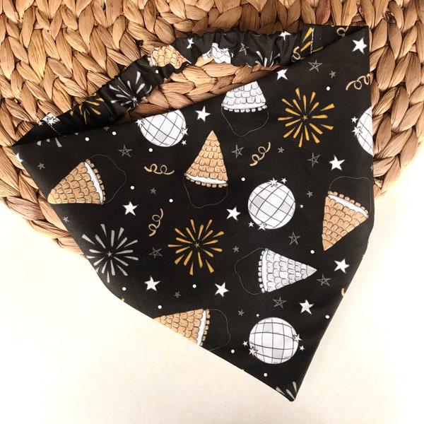 Happy New Year | New Years Eve Dog Bandana NYE 2024 | Disco Scrunchie Bandana | Celebration Slip on Bandana | Party Pet Neckwear Accessory