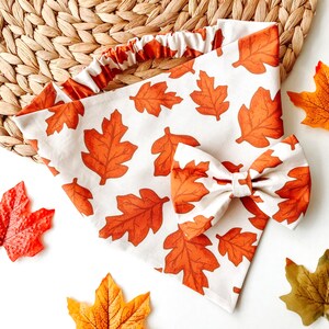 May include: A white bandana with a brown leaf pattern and a matching bow tie. The bandana is made of a soft, lightweight fabric and is perfect for adding a touch of fall style to any outfit.