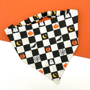 Spooky Check | Halloween Dog Bandana | Ghost Pumpkin Black Checkerboard Bandana | Fall Autumn Dog Scarf | Pet Neckwear | Puppy Accessory