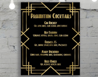 Gatsby Cocktail Menu, Gatsby bar menu, Drink Menu, Prohibition drink menu, Wedding black and gold menu, Gatsby party drink menu DIGITAL FILE