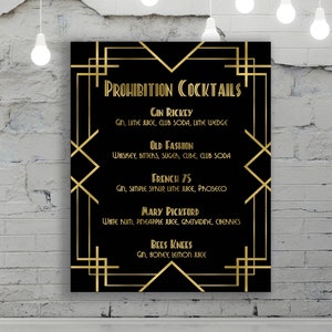 Gatsby Cocktail Menu, Gatsby bar menu, Drink Menu, Prohibition drink menu, Wedding black and gold menu, Gatsby party drink menu DIGITAL FILE