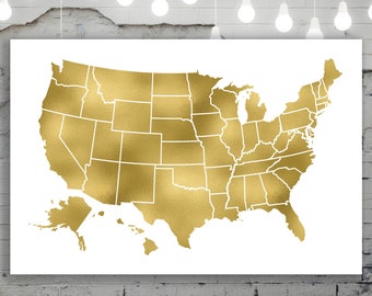 Gold USA Map, Watercolor United States Map, Printable Gold Map USA, Watercolor Gold Design, Large Map of US,  Instant Download