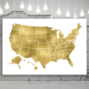 Gold USA Map, Watercolor United States Map, Printable Gold Map USA, Watercolor Gold Design, Large Map of US,  Instant Download