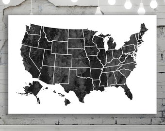 Zwarte Kaart van de V.S., Grote Kaart van de V.S., Aquarel Verenigde Staten Kaart. Digitaal bestand, direct downloaden