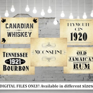 5 Bootlegger Prohibition Labels, Speakeasy labels, Gatsby Party Props,  Roaring 20s bootleggers, Whiskey Bourbon Rum labels, Printable Props