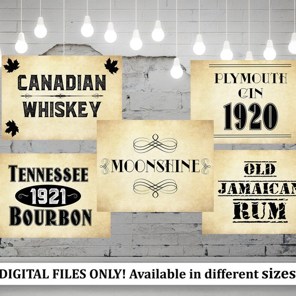 5 Bootlegger Prohibition Labels, Speakeasy labels, Gatsby Party Props,  Roaring 20s bootleggers, Whiskey Bourbon Rum labels, Printable Props