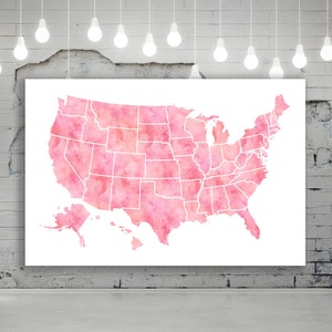 Mapa rosa dos EUA, mapa grande dos EUA, mapa dos Estados Unidos em aquarela, mapa rosa para impressão dos EUA, design de mapa rosa em aquarela, download instantâneo