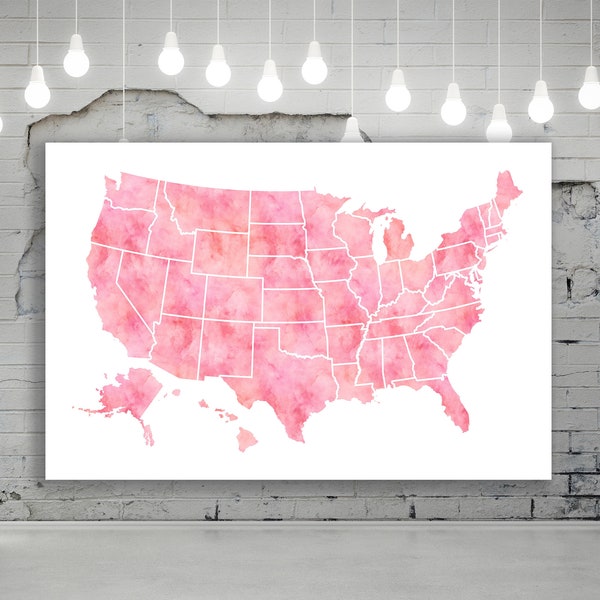 Pink USA Map, Large Map of US, Watercolor United States Map, Printable Pink Map USA, Watercolor Pink Map Design, Instant Download