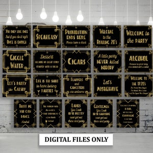 20 Great Gatsby Signs bundle, Roaring 20s party decorations, Black and Gold Art deco party, DIGITAL FILES