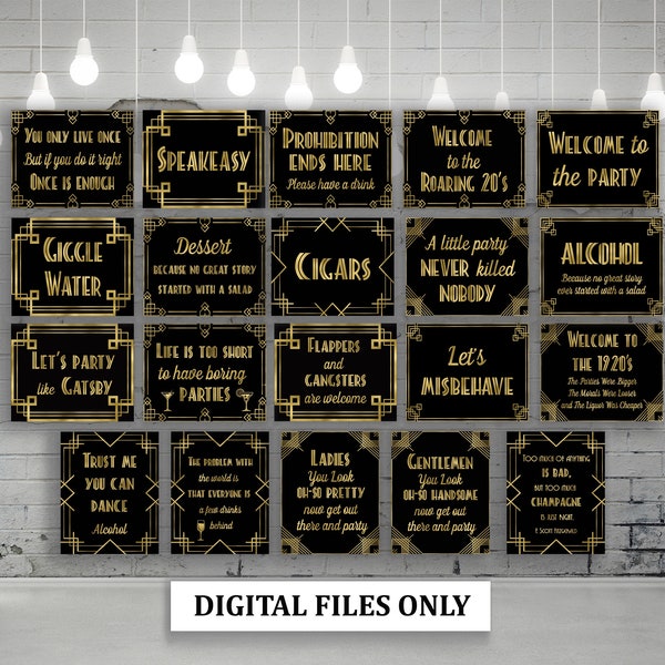 20 Great Gatsby Signs bundle, Roaring 20s party decorations, Black and Gold Art deco party, DIGITAL FILES