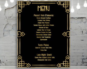 Gatsby Essen Menü, Verbot Menü, Roaring 20er Jahre Menü, Hochzeit schwarz und gold Menü, Gatsby Party Getränk oder Essen Menü, Food Menu, DIGITAL FILE