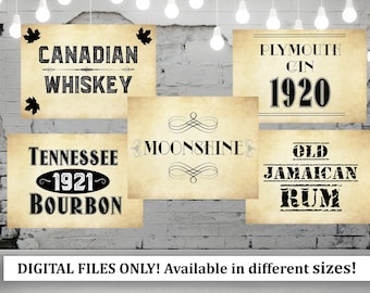 5 Bootlegger Prohibition Labels, Speakeasy labels, Gatsby Party Props,  Roaring 20s bootleggers, Whiskey Bourbon Rum labels, Printable Props